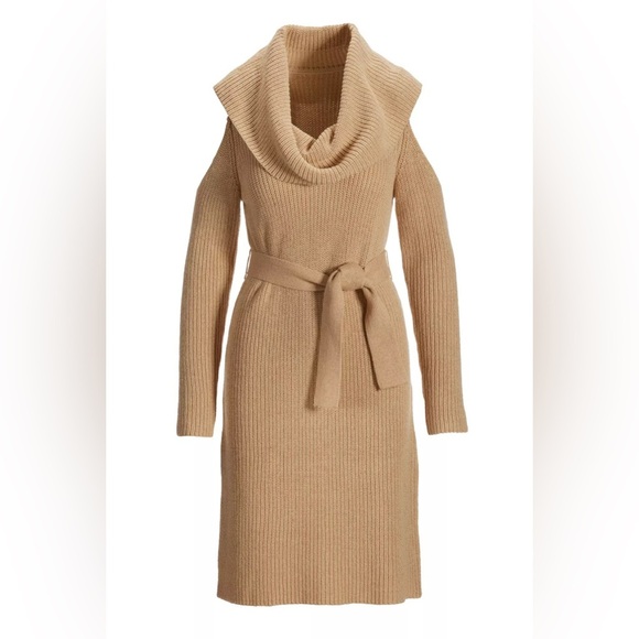 NWT Boston Proper Cold-Shoulder Lurex Cowl-Neck Sweater Dress Tan Gold Medium - Picture 3 of 15